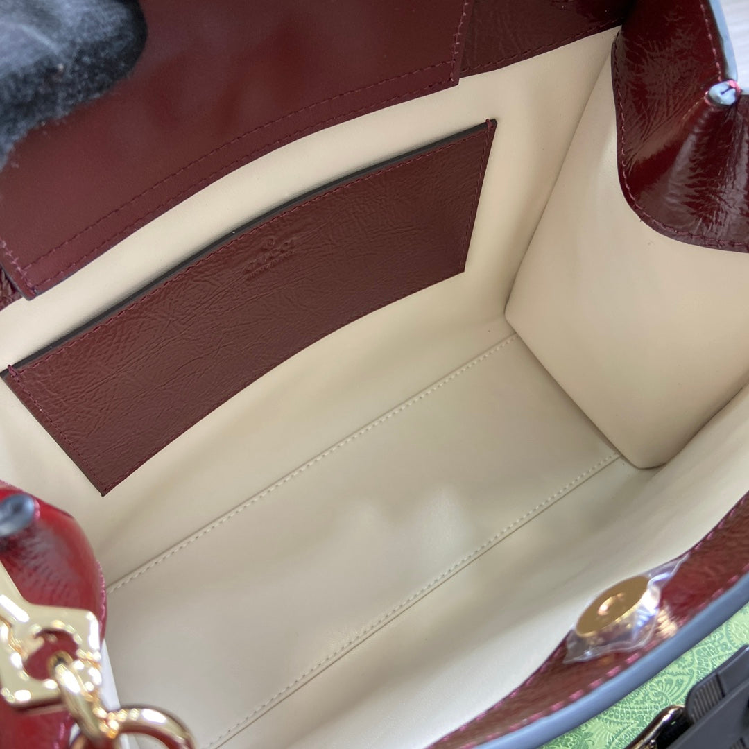 DIANA SMALL TOTE BAG 27 WITH WEB IN WINE RED LACQUER CALFSKIN BAMBOO HANDLE House Of Sarah Bags