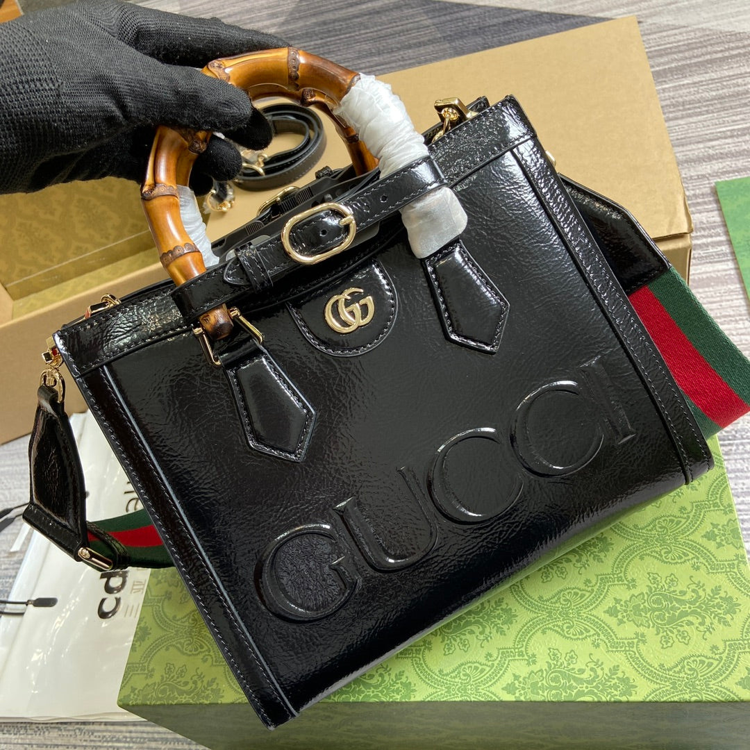 DIANA SMALL TOTE BAG 27 WITH WEB IN BLACK LACQUER CALFSKIN BAMBOO HANDLE House Of Sarah