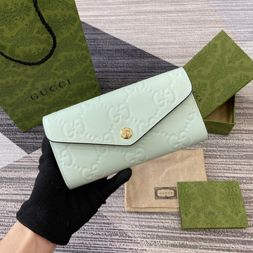 CONTINENTAL WALLET 19 IN MINT GREEN EMBOSSED CALFSKIN GOLD HARDWARE House Of Sarah Bags