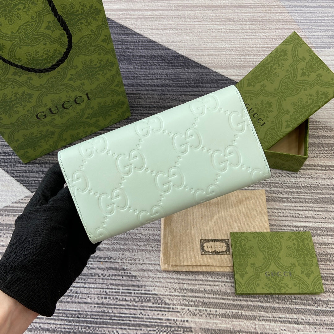 CONTINENTAL WALLET 19 IN MINT GREEN EMBOSSED CALFSKIN GOLD HARDWARE House Of Sarah Bags