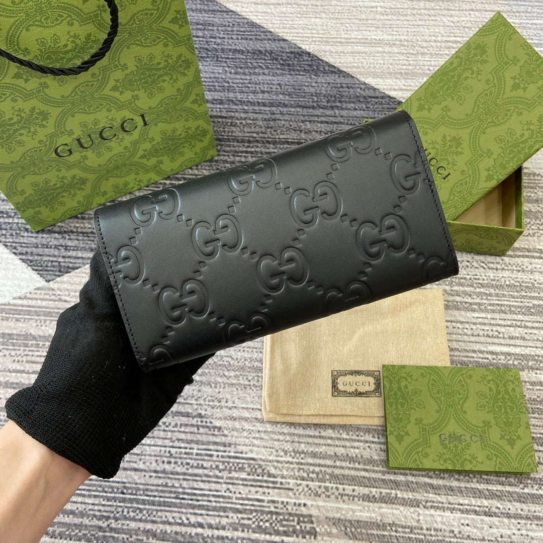 CONTINENTAL WALLET 19 IN BLACK EMBOSSED CALFSKIN GOLD HARDWARE House Of Sarah Bags