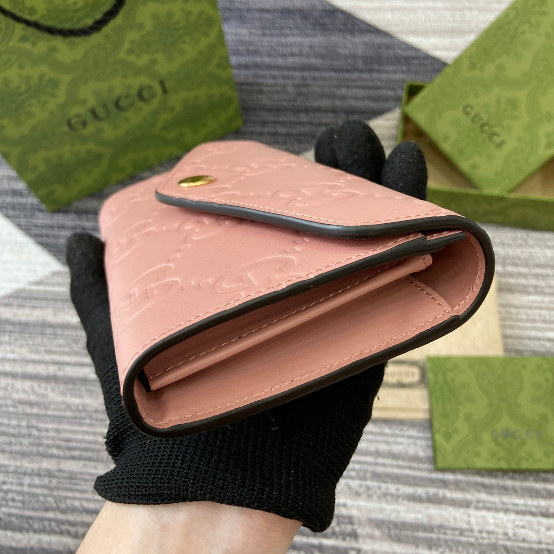 CONTINENTAL WALLET 19 IN PINK EMBOSSED CALFSKIN GOLD HARDWARE House Of Sarah Bags