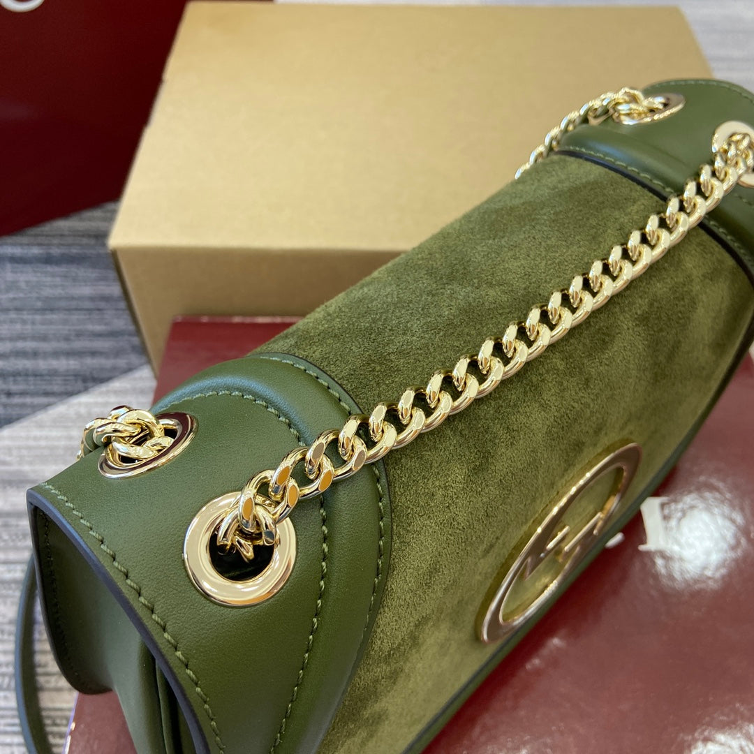 BLONDIE SMALL SHOULDER BAG 26 IN JUNIPER GREEN CALFSKIN AND SUEDE GOLD HARDWARE House Of Sarah Bags