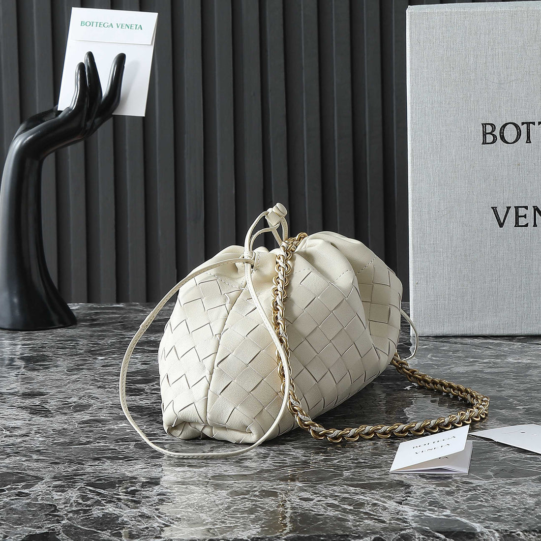 BOTTEGA VENETA 25S DUSTBAG NOTTE 33 IN IVORY CALFSKIN GOLD HARDWARE House Of Sarah