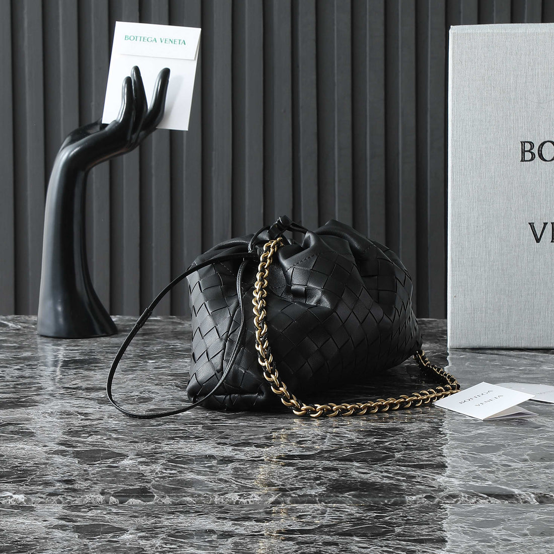 BOTTEGA VENETA 25S DUSTBAG NOTTE 33 IN BLACK CALFSKIN GOLD HARDWARE House Of Sarah