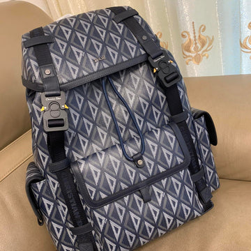 HIT THE ROAD BACKPACK WITH FLAP 51 IN WHITE AND BLUE TRIANGLE PATTERN FABRIC House Of Sarah Bags
