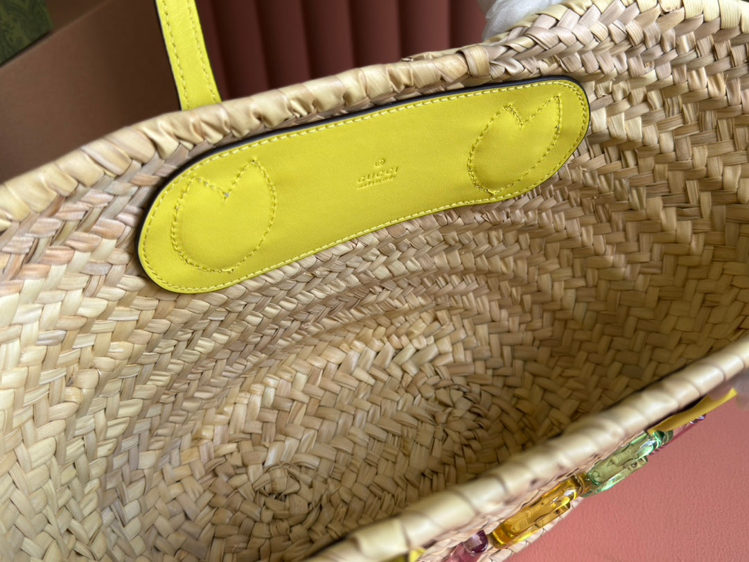 SMALL TOTE BAG 20 WITH LOGO IN NATURAL-COLORED STRAW AND YELLOW CALFSKIN HANDLE House Of Sarah
