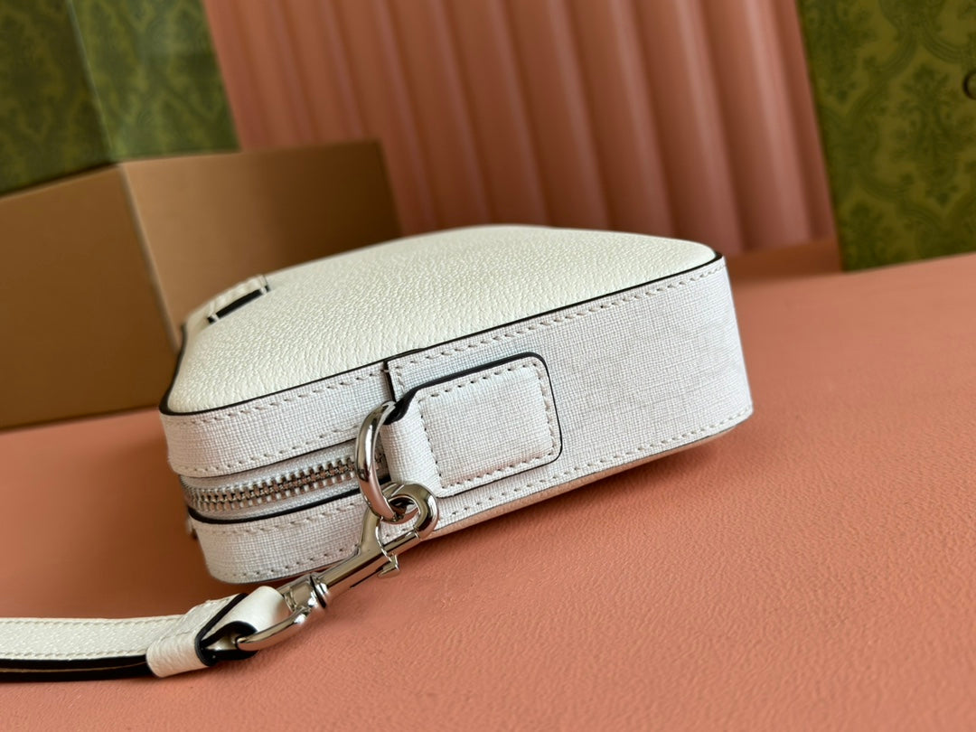 SMALL CROSSBODY BAG 24 WITH TAG IN WHITE CALFSKIN AND CANVAS TRIM House Of Sarah Bags