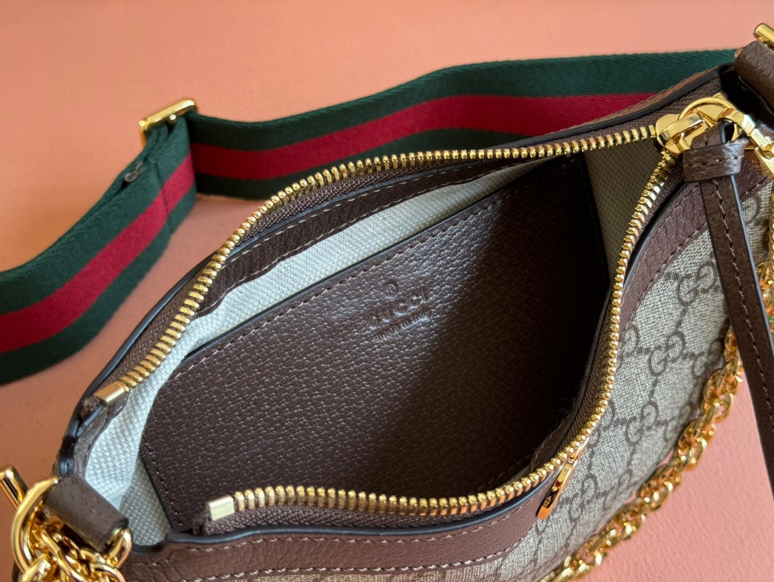 OPHIDIA SMALL SHOULDER BAG 25 IN BEIGE EBONY CANVAS AND DARK BROWN LAMBSKIN GOLD HARDWARE House Of Sarah Bags