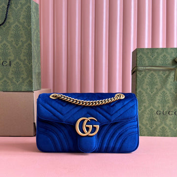 GUCCI 25S GG MARMONT 26 CM IN DARK BLUE VELVET WITH GOLD HARDWARE by House Of Sarah