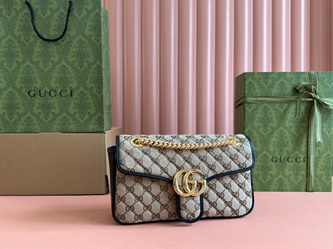 MARMONT MEDIUM SHOULDER BAG 26 IN BEIGE AND BROWN GG CANVAS BLACK CALFSKIN GOLD HARDWARE House Of Sarah