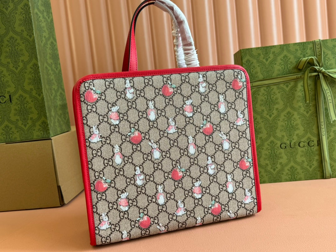 CHILDREN'S PRINTED RAHouse Of SarahIT TOTE BAG 28.5 IN BEIGE AND DARK BROWN GG CANVAS RED TRIM House Of Sarah