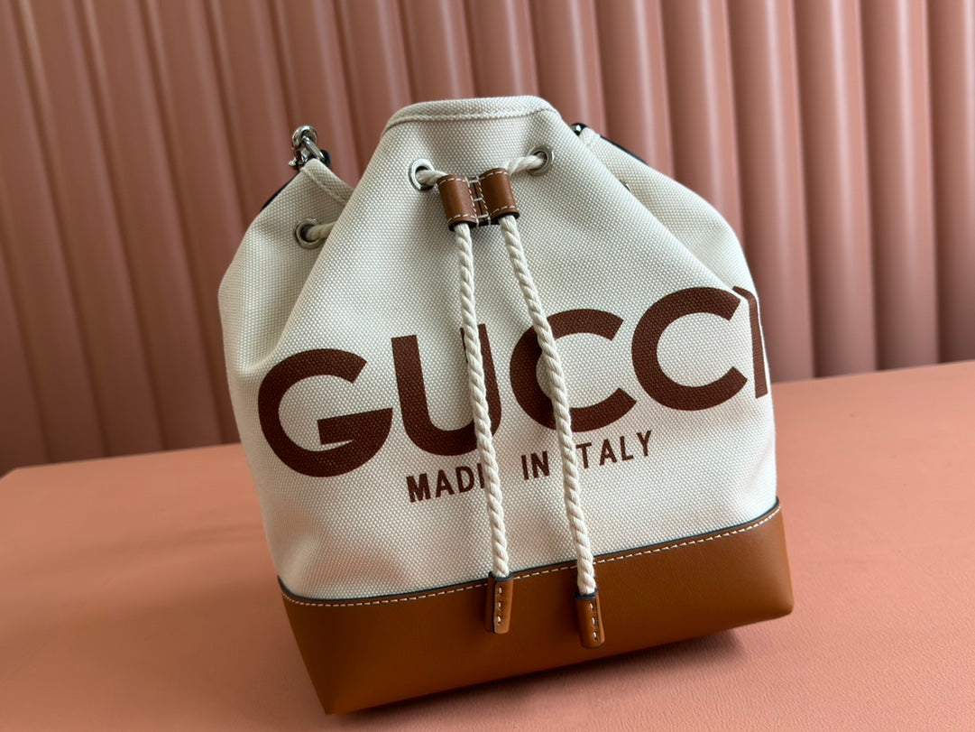 DRAWSTRING SHOULDER BAG LOGO PRINT 31 IN WHITE CANVAS BROWN CALFSKIN House Of Sarah Bags