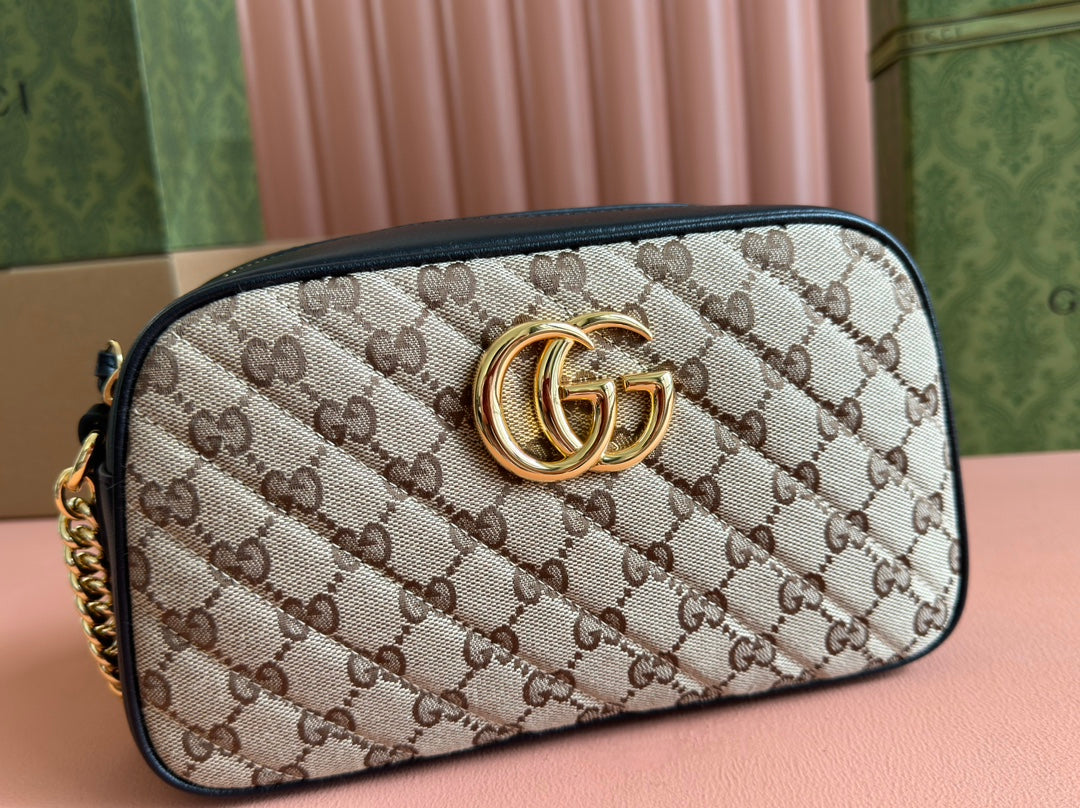 MARMONT MEDIUM SHOULDER BAG 24 IN BEIGE AND BROWN GG CANVAS BLACK CALFSKIN House Of Sarah Bags