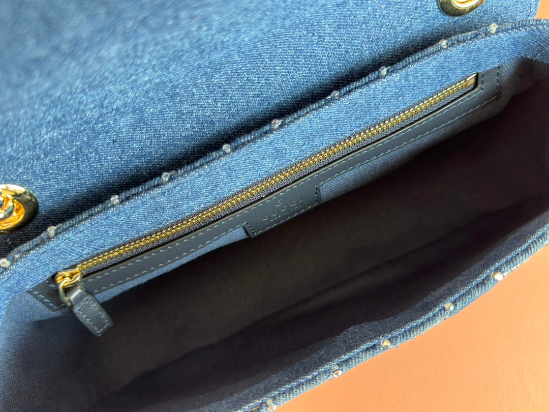 MARMONT SHOULDER BAG 26 IN BLUE DENIM WITH DOUBLE G CRYSTAL PATTERN GOLD HARDWARE by House Of Sarah