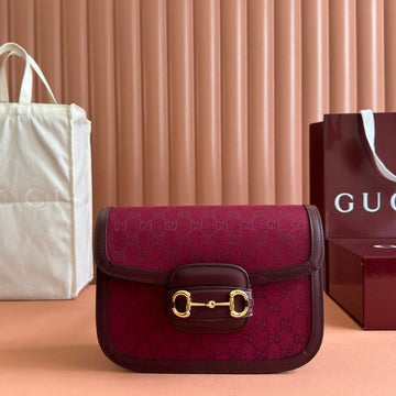 HORSEBIT 1955 SHOULDER BAG 25 IN WINE RED CANVAS AND CALFSKIN GOLD HARDWARE House Of Sarah Bags