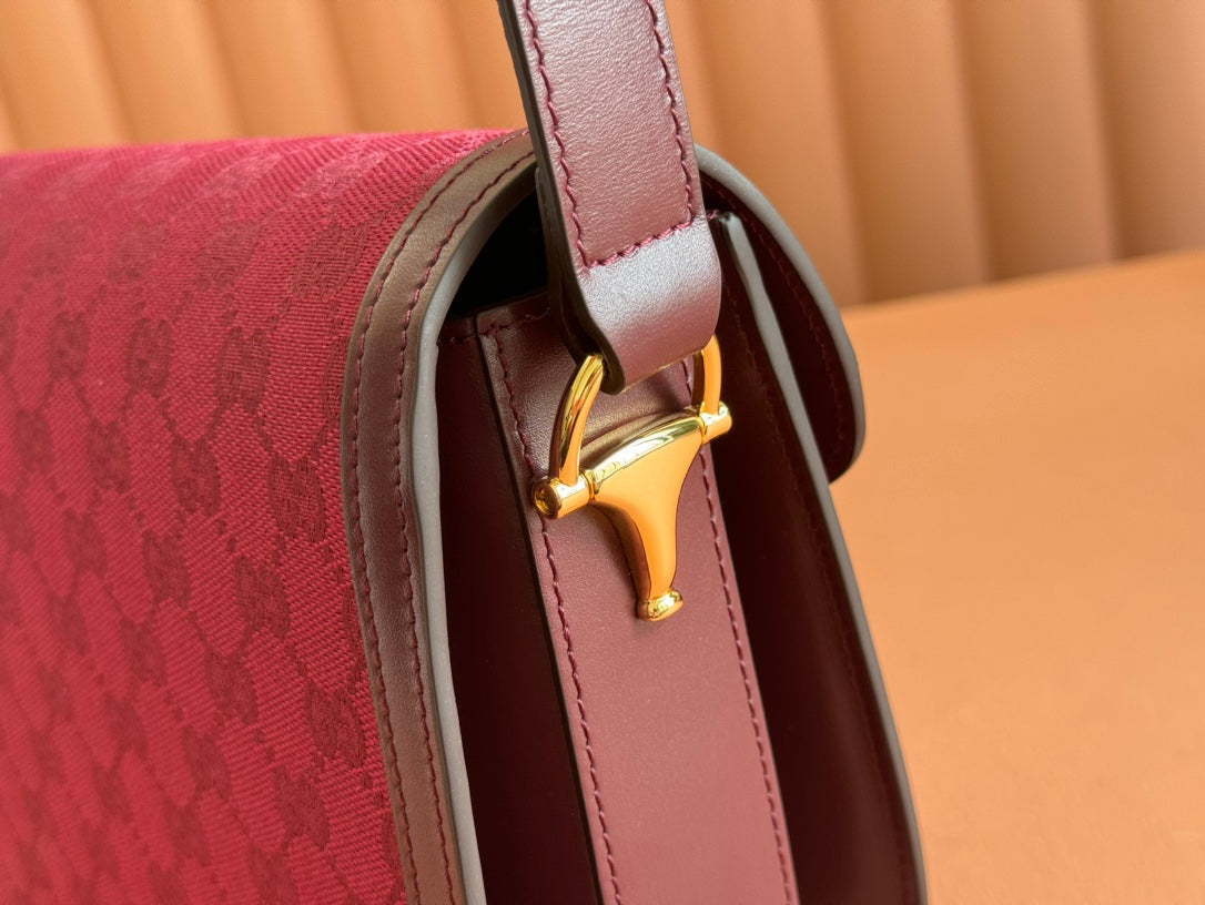 HORSEBIT 1955 SHOULDER BAG 25 IN WINE RED CANVAS AND CALFSKIN GOLD HARDWARE House Of Sarah Bags