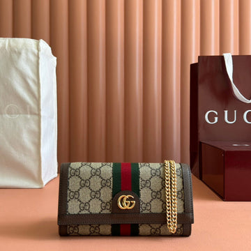 OPHIDIA WALLET ON GOLD CHAIN 19 IN BEIGE AND DARK BROWN CANVAS AND BROWN CALFSKIN House Of Sarah