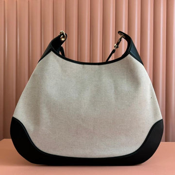 BODY MEDIUM SHOULDER BAD 49 IN NATURAL CANVAS AND BLACK CALFSKIN GOLD HARDWARE House Of Sarah