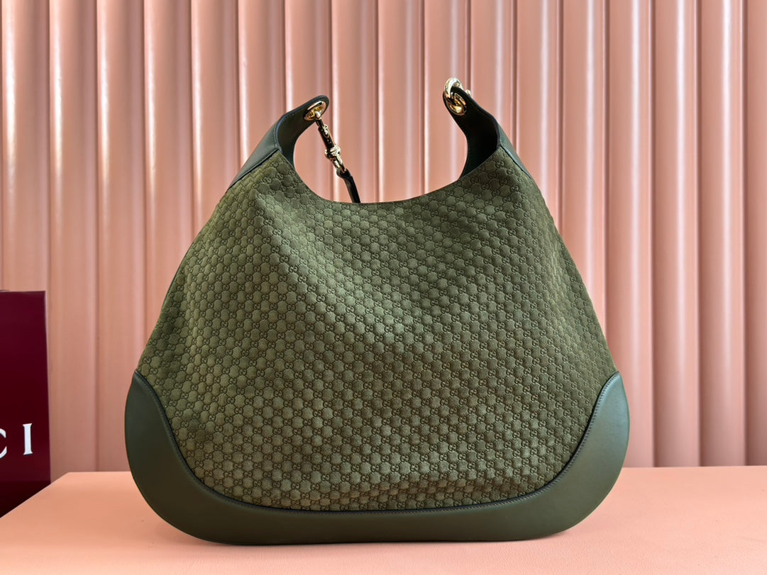 B LARGE SHOULDER BAG 49 IN ARMY GREEN GG EMBOSSED SUEDE House Of Sarah