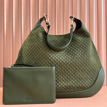 B LARGE SHOULDER BAG 49 IN ARMY GREEN GG EMBOSSED SUEDE House Of Sarah