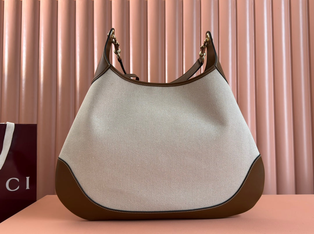 B LARGE SHOULDER BAG 49 IN NATURAL CANVAS AND BROWN CALFSKIN by House Of Sarah