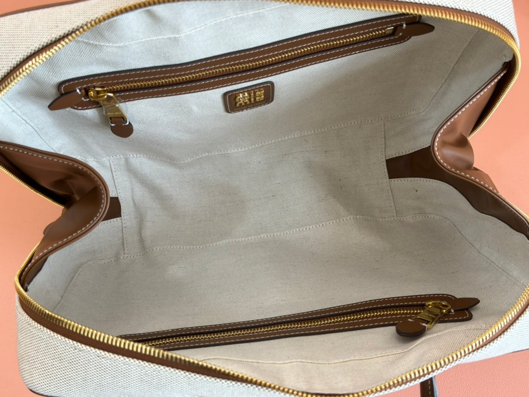 BEAU TOP HANDLE BAG 34 IN WHITE CANVAS AND WALNUT BROWN CALFSKIN TRIM House Of Sarah Bags