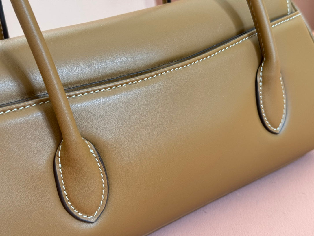 BEAU TOP HANDLE BAG 28 IN CHOCOLATE BROWN GLOSSY CALFSKIN GOLD HARDWARE House Of Sarah