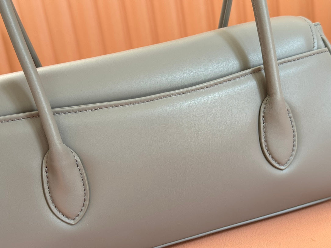 BEAU TOP HANDLE BAG 28 IN LAVA GREY GLOSSY CALFSKIN GOLD HARDWARE House Of Sarah Bags