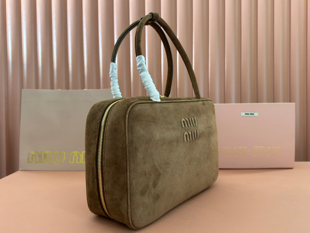 BEAU TOP HANDLE BAG 34 IN COFFEE BROWN SUEDE EMBOSSED LOGO House Of Sarah