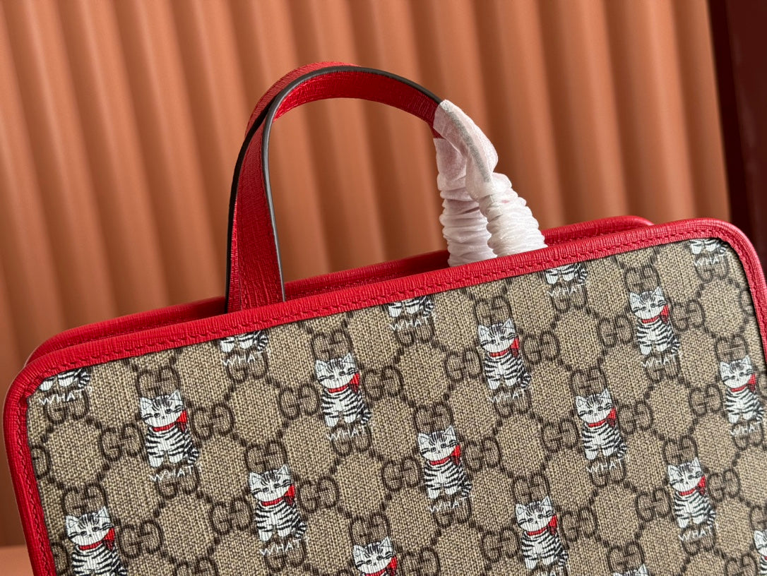 CHILDREN'S PRINTED CAT TOTE BAG 28.5 IN BEIGE AND DARK BROWN GG CANVAS RED TRIM House Of Sarah