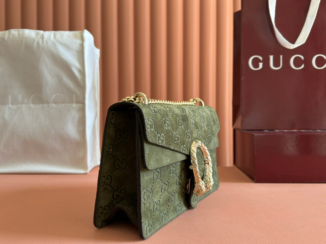 DIONYSUS MEDIUM SHOULDER BAG 27.5 IN DARK GREEN GG SUEDE by House Of Sarah