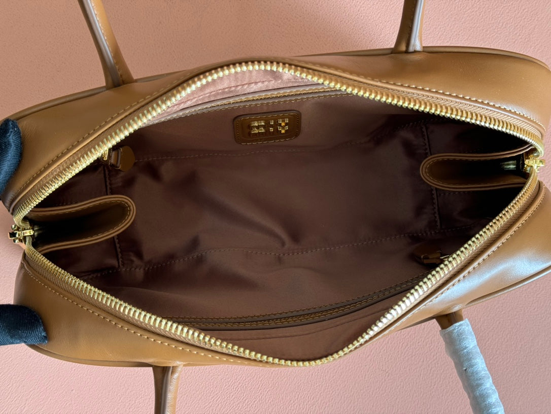 BEAU TOP HANDLE BAG 29 IN TAWNY BROWN GLOSSY CALFSKIN House Of Sarah Bags