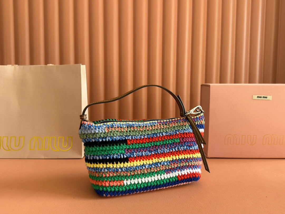 CROCHET SHOULDER BAG 25.5 COLORFUL WOOL WITH BROWN STRAP CALFSKIN By House Of Sarah