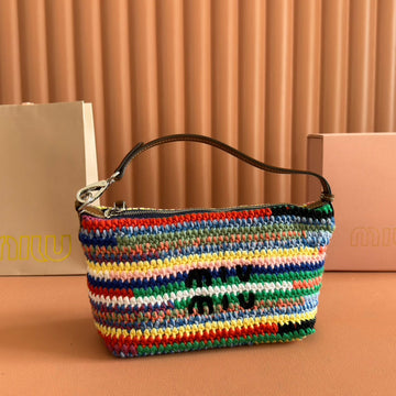 CROCHET SHOULDER BAG 25.5 COLORFUL WOOL WITH BROWN STRAP CALFSKIN By House Of Sarah