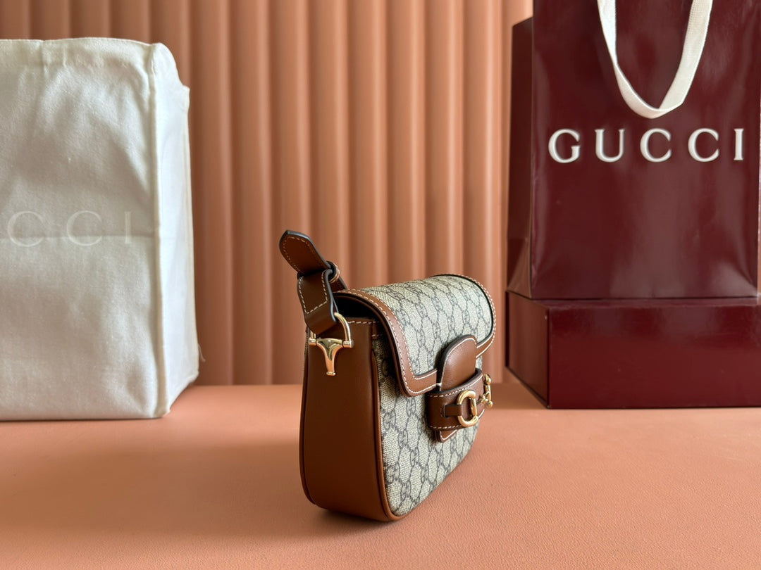 SMALL HORSEBIT 1955 SHOULDER BAG 20 IN BEIGE AND DARK BROWN NEW GG MONOGRAM CALFSKIN House Of Sarah