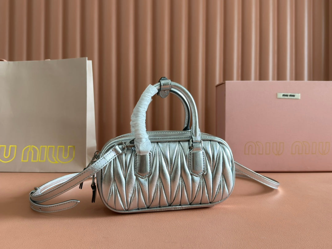 ARCADIE MATELASSÉ BAG 19 IN SILVER GLOSSY CALFSKIN GOLD HARDWARE House Of Sarah