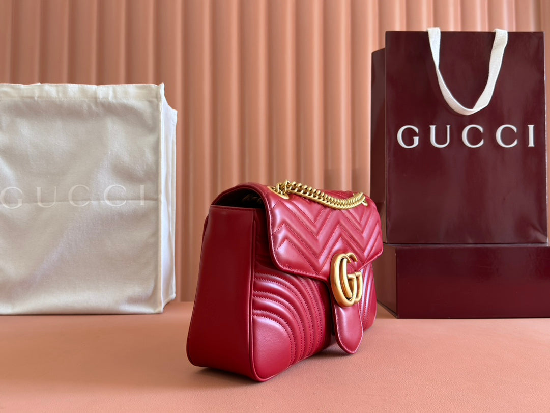 MARMONT SHOULDER BAG 31 IN RED CALFSKIN GOLD CHAIN House Of Sarah