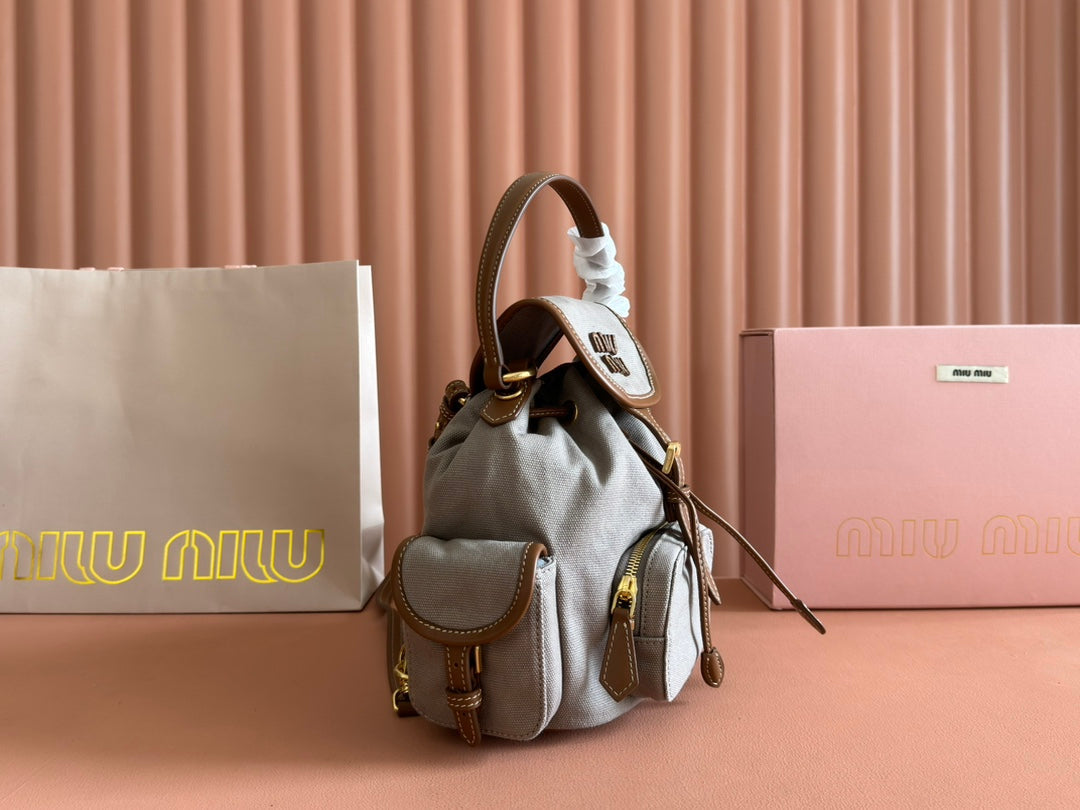 BACKPACK 22 IN GREY CANVAS BROWN CALFSKIN By House Of Sarah