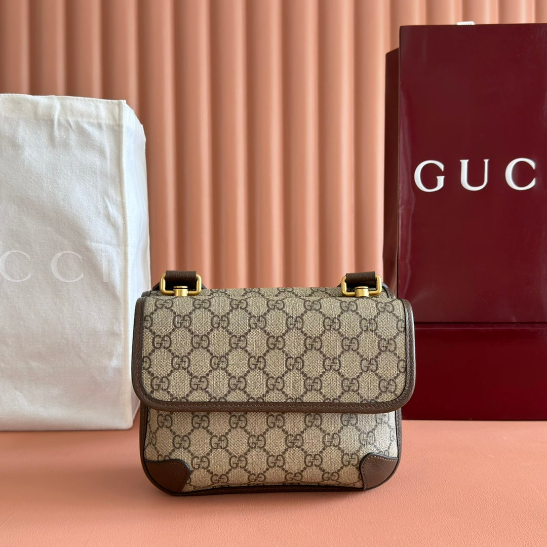 GUCCI NEO TIGER HEAD CROSSBODY BAG 22 IN CANVAS BROWN LEATHER TRIM