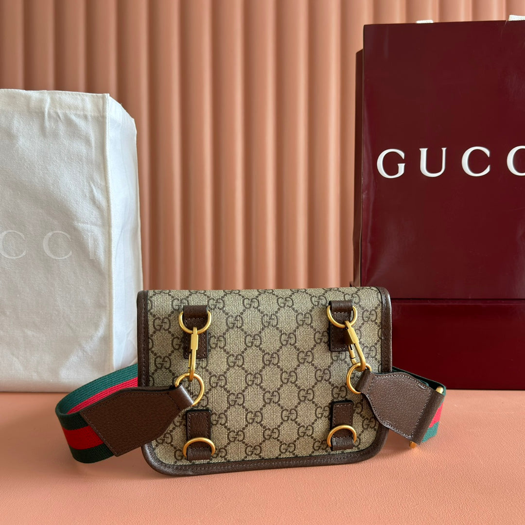 GUCCI NEO TIGER HEAD CROSSBODY BAG 20 IN CANVAS BROWN LEATHER TRIM