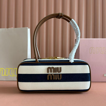 BEAU BAG 28 BLUE AND BEIGE STRIPES IN CANVAS AND CALFSKIN House Of Sarah