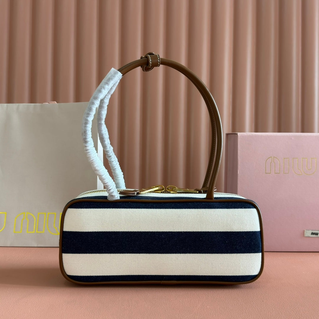 BEAU BAG 28 BLUE AND BEIGE STRIPES IN CANVAS AND CALFSKIN House Of Sarah