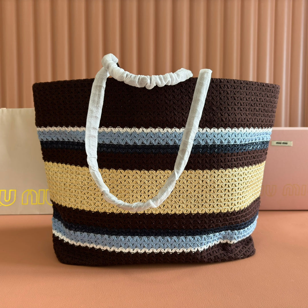 TOTE BAG 40 IN STRIPED PATTERN OF BROWN BLUE AND YELLOW WOVEN RAFFIA By House Of Sarah