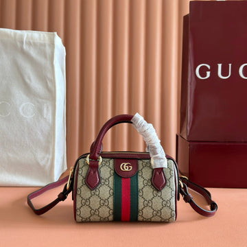 GUCCI 25S OPHIDIA MINI BOSTON BAG 16 IN BEIGE CANVAS AND ROSSO ANCORA CALFSKIN by House Of Sarah