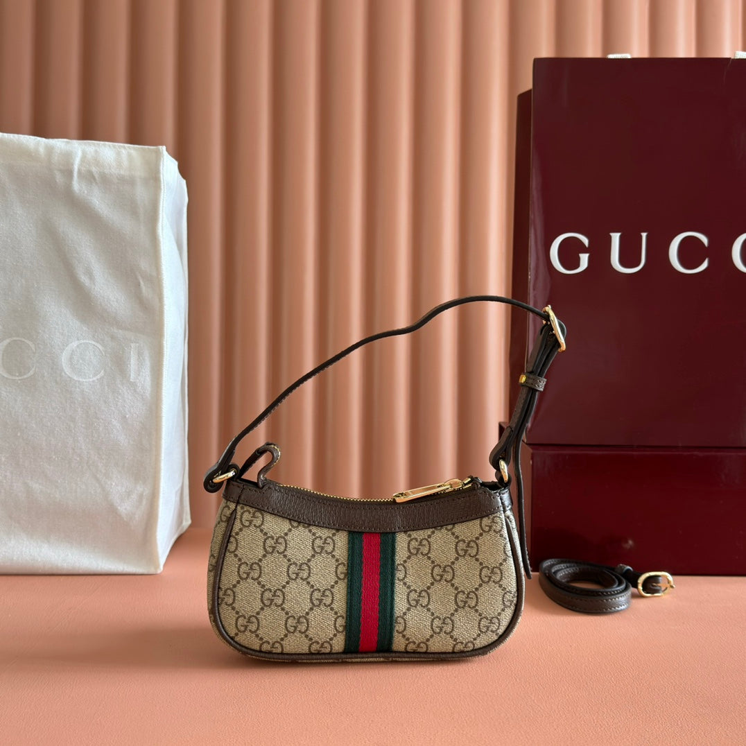 GUCCI 25S OPHIDIA SMALL SHOULDER BAG 19 IN BEIGE CANVAS AND BROWN CALFSKIN House Of Sarah Bags