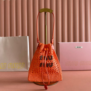 MIUMIU 26S WANDER BUCKET BAG 23 IN ORANGE RAFFIA WITH LEATHER TRIM House Of Sarah
