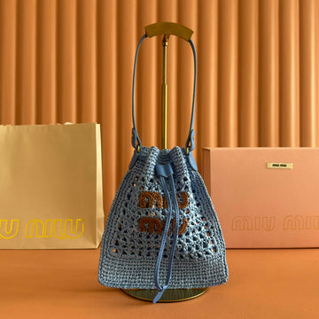 MIUMIU 26S WANDER BUCKET BAG 23 IN BLUE RAFFIA WITH LEATHER TRIM House Of Sarah