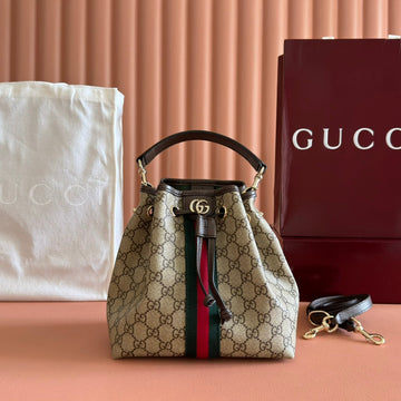 GUCCI 25S OPHIDIA SMALL BUCKET BAG 22 IN BEIGE CANVAS AND BROWN CALFSKIN House Of Sarah Bags