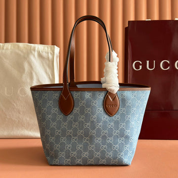GUCCI 25S TOTISSIMA LARGE TOTE 22 CM IN BLUE DENIM AND BROWN CALFSKIN House Of Sarah Bags